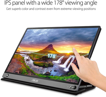 ASUS ZenScreen MB16AMT 15.6" Full HD Portable Monitor Touch Screen IPS Non-glare Built-in Battery and Speakers Eye Care USB Type-C Micro HDMI w/ Foldable Smart Case