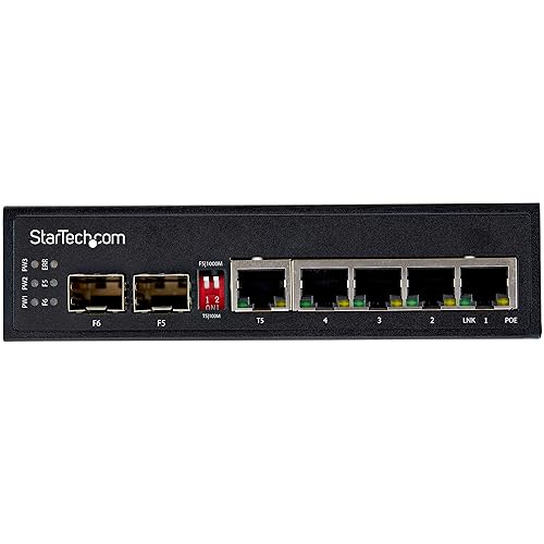 StarTech.com Industrial 5 Port Gigabit Ethernet Switch 5 PoE RJ45 +2 SFP Slots 30W PoE+ 48VDC 10/100/1000 Power Over Ethernet LAN Switch -40C to 75C with DIN Connector/Mountable (IES1G52UPDIN)