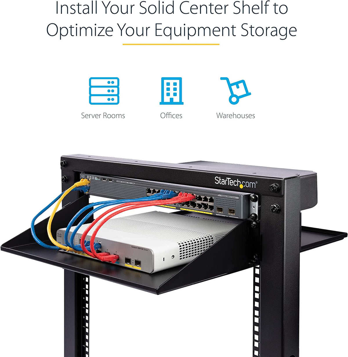 StarTech.com 2U 19" 2-Post Network Rack Cabinet Shelf - 20in Deep Center Mount Cantilever Tray Rackmount Shelf for AV/Data Equipment Enclosure w/Cage Nuts &amp; Screws 75lb Weight Capacity (CABSHF2POST2)