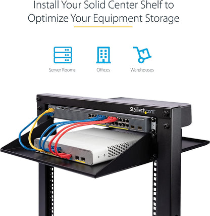 StarTech.com 2U 19" 2-Post Network Rack Cabinet Shelf - 20in Deep Center Mount Cantilever Tray Rackmount Shelf for AV/Data Equipment Enclosure w/Cage Nuts &amp; Screws 75lb Weight Capacity (CABSHF2POST2)