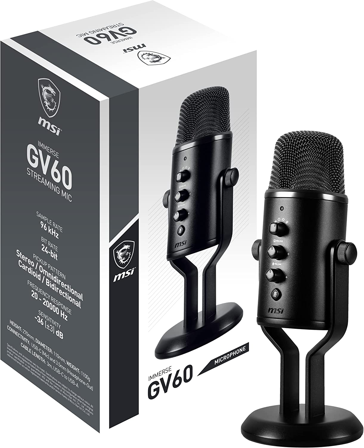 MSI IMMERSE GV60 Streaming Microphone (USB Type-C Interface and 3.5mm Aux, for Professional Applications with Intuituve Control in 4 Modes: Stereo, Omnidirectional, Cardioid and Bidirectional)