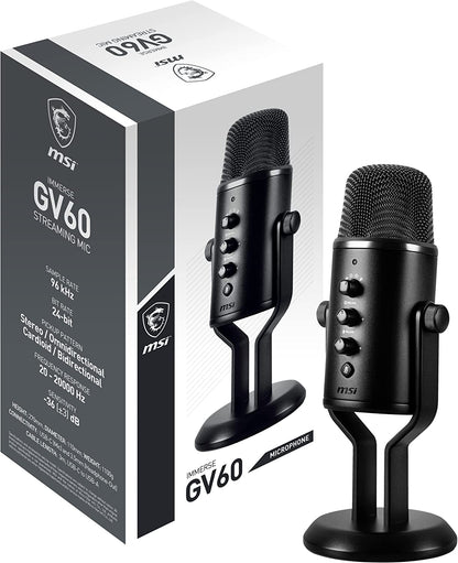 MSI IMMERSE GV60 Streaming Microphone (USB Type-C Interface and 3.5mm Aux, for Professional Applications with Intuituve Control in 4 Modes: Stereo, Omnidirectional, Cardioid and Bidirectional)