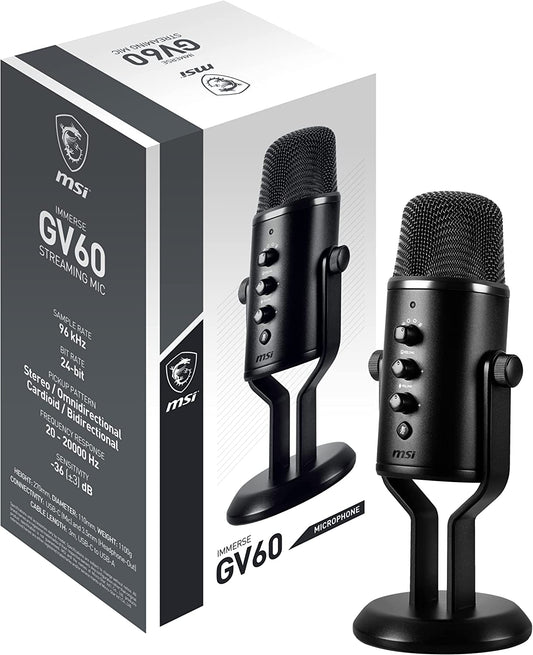 MSI IMMERSE GV60 Streaming Microphone (USB Type-C Interface and 3.5mm Aux, for Professional Applications with Intuituve Control in 4 Modes: Stereo, Omnidirectional, Cardioid and Bidirectional)