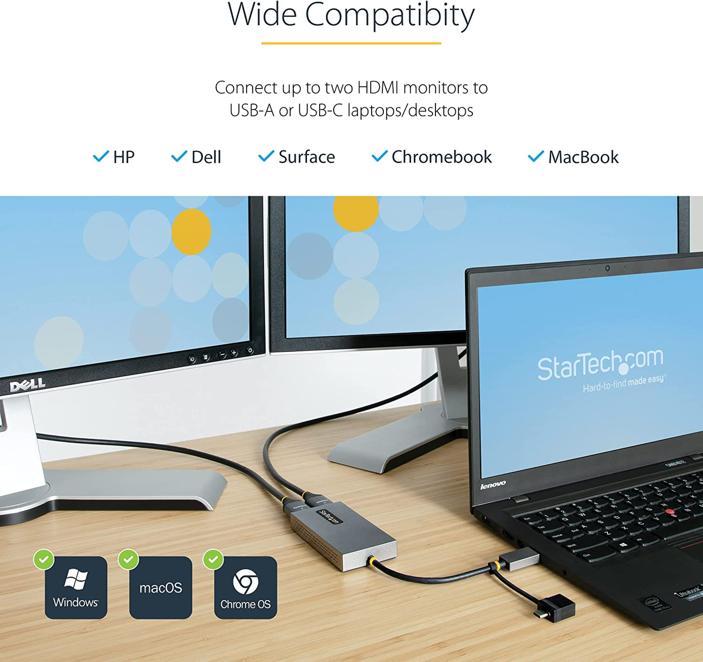 StarTech.com USB to Dual HDMI Adapter, USB A/C to 2x HDMI Displays (1x 4K30Hz, 1x 1080p), Integrated USB-A to C Dongle, 4in/11cm Cable, USB 3.0 to HDMI Display Adapter, Windows &amp; macOS (107B-USB-HDMI) 2x HDMI | USB 3.0 | Mac &amp; Windows OS