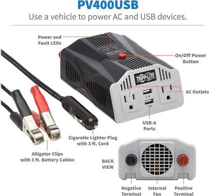 Tripp Lite 400W Car Power Inverter with 2 Outlets &amp; 2 USB Charging Ports, Auto Inverter, Ultra Compact (PV400USB),Gray