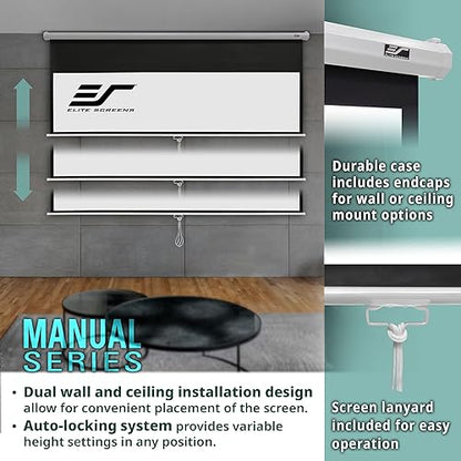 Elite Screens Manual Series, 150-INCH 16:9, Pull Down Manual Projector Screen with AUTO Lock, Movie Home Theater 8K / 4K Ultra HD 3D Ready, 2-Year Warranty, M150XWH2 White 16:9, 150-inch