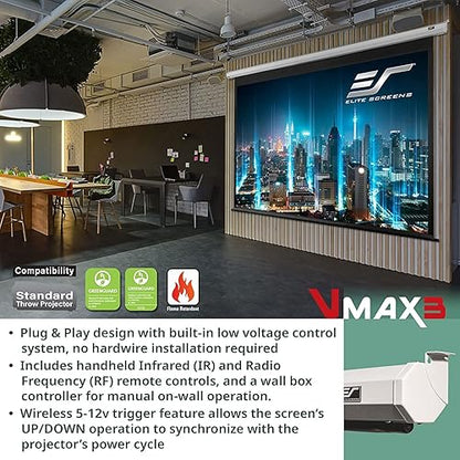 Elite Screens VMAX 3, 150" Diag. 4:3, Wall Ceiling Electric Motorized Drop Down HD Projection Projector Screen, VMAX150XWV2