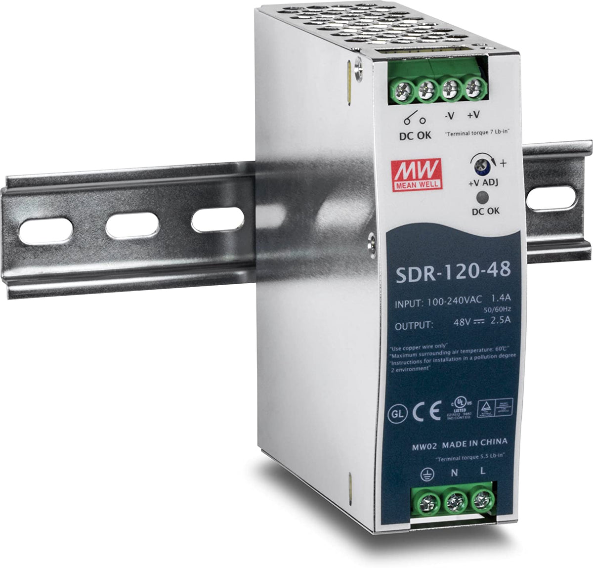 TRENDnet 120 W Single Output Industrial DIN-Rail Power Supply, Extreme -25 to 70 °C (-13 to 158 °F) Operating Temp, Power Supply 120W, DIN-Rail Mount, Overload Protection, Silver, TI-S12048