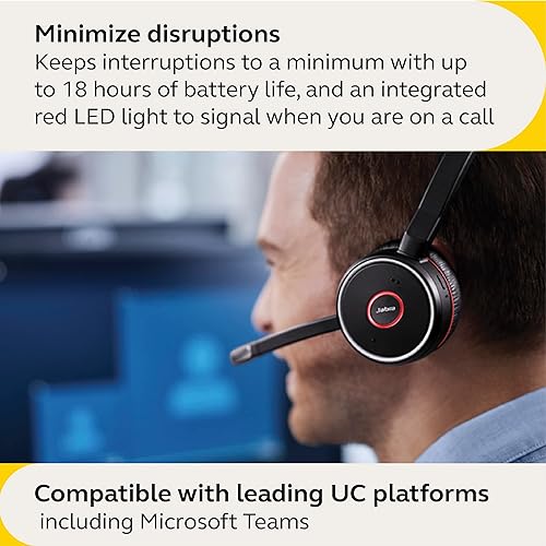 Jabra Evolve 75 SE Stereo Wireless Headset - Bluetooth Headset with Noise-Cancelling Mic, Active Noise Cancellation and Charging Stand - MS Teams Certified, Works with All Other Platforms - Black MS Teams Stereo with Stand
