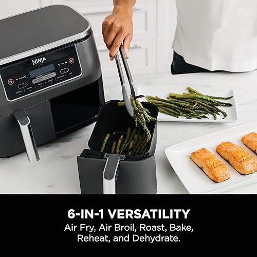 Ninja Foodi 6-in-1 8-qt. (7.6L) 2-Basket Air Fryer DualZone Technology, Match Cook & Smart Finish to Roast, Broil, Dehydrate & More for Quick, Easy Meals, Slate Grey (DZ201C) Canadian Version 8 Quart 6-in-1