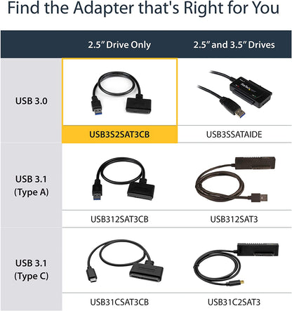 StarTech.com SATA to USB Cable - USB 3.0 to 2.5” SATA III Hard Drive Adapter - External Converter for SSD/HDD Data Transfer (USB3S2SAT3CB) USB 3.0 | 2.5" Cable