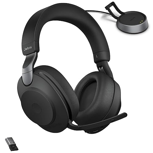 Jabra Evolve2 85 UC Wireless Headphones with Link380a & Charging Stand, Stereo, Black – Wireless Bluetooth Headset for Calls and Music, 37 Hours of Battery Life, Advanced Noise Cancelling Headphones
