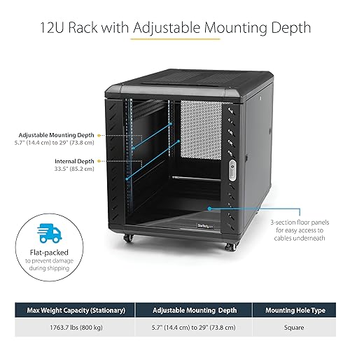 StarTech.com 12U AV Rack Cabinet - Network Rack with Glass Door - 19 inch Computer Cabinet for Server Room or Office (RK1236BKF)