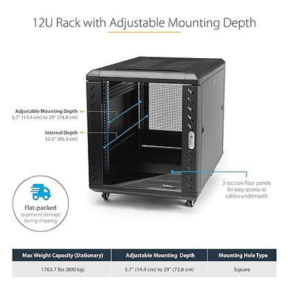 StarTech.com 12U AV Rack Cabinet - Network Rack with Glass Door - 19 inch Computer Cabinet for Server Room or Office (RK1236BKF)