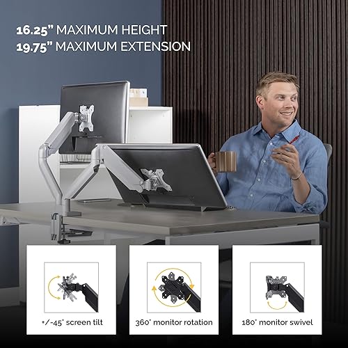 Fellowes Platinum Series Adjustable Dual Monitor Arm, Silver, Gas Spring, VESA Bracket, Clamp or Grommet Mount, Holds Two Monitors 32" / 17.6 lbs Each