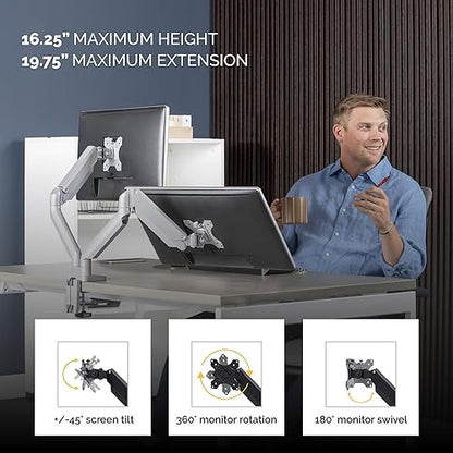 Fellowes Platinum Series Adjustable Dual Monitor Arm, Silver, Gas Spring, VESA Bracket, Clamp or Grommet Mount, Holds Two Monitors 32" / 17.6 lbs Each