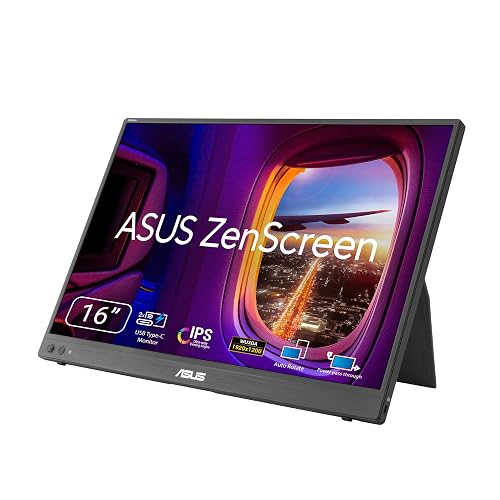ASUS ZenScreen 16” (16:10 WUXGA) Portable USB-C Monitor (MB16FC) - 1920x1200, IPS, Power Pass Through, Auto Rotate, Tripod, USB Type-C®, mini-HDMI®, Flicker Free, Low Blue Light, FSC Mix-Certified