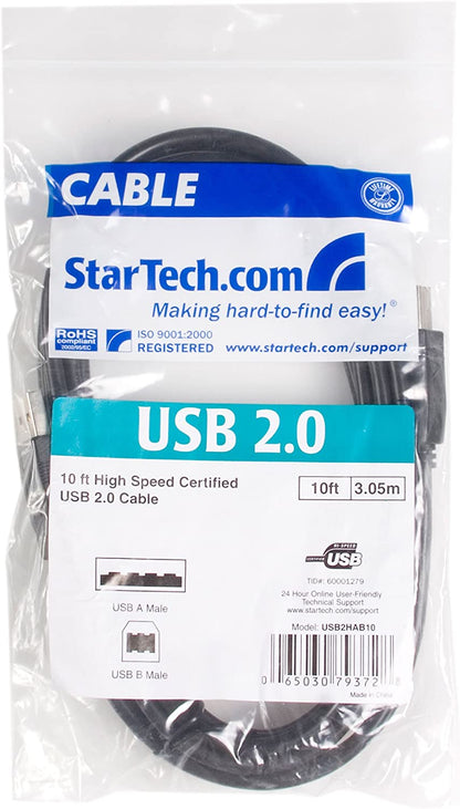 StarTech.com 10 ft USB 2.0 Certified A to B Cable - M/M - 10ft type a to b USB Cable - 10ft a to b USB 2.0 Cable (USB2HAB10),Black Black 10 ft / 3m