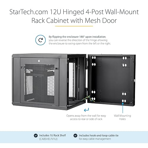 StarTech.com 4-Post 12U Wall Mount Network Cabinet w/ 1U Shelf, 19 Wall-Mounted Server Rack for IT / Data Computer Equipment 12U| 24 Depth Cabinet