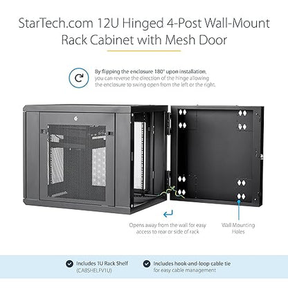StarTech.com 4-Post 12U Wall Mount Network Cabinet w/ 1U Shelf, 19 Wall-Mounted Server Rack for IT / Data Computer Equipment 12U| 24 Depth Cabinet