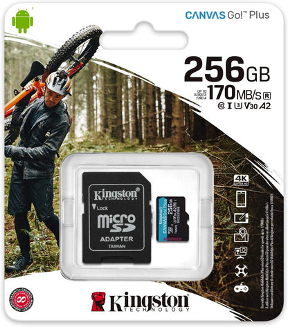 Kingston 256GB microSDXC Canvas Go Plus 170MB/s Read UHS-I, C10, U3, V30, A2/A1 Memory Card + Adapter (SDCG3/256GB) microSD Card 256GB Faster (Up to 170 MB/s) Single