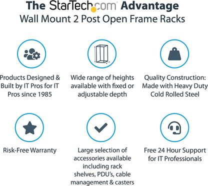 StarTech.com 15U 19" Wall Mount Network Rack - 12" Deep 2 Post Open Frame Server Room Rack for Data/AV/IT/Computer Equipment/Patch Panel with Cage Nuts &amp; Screws 200lb Capacity, Black (RK15WALLO) 15U Rack