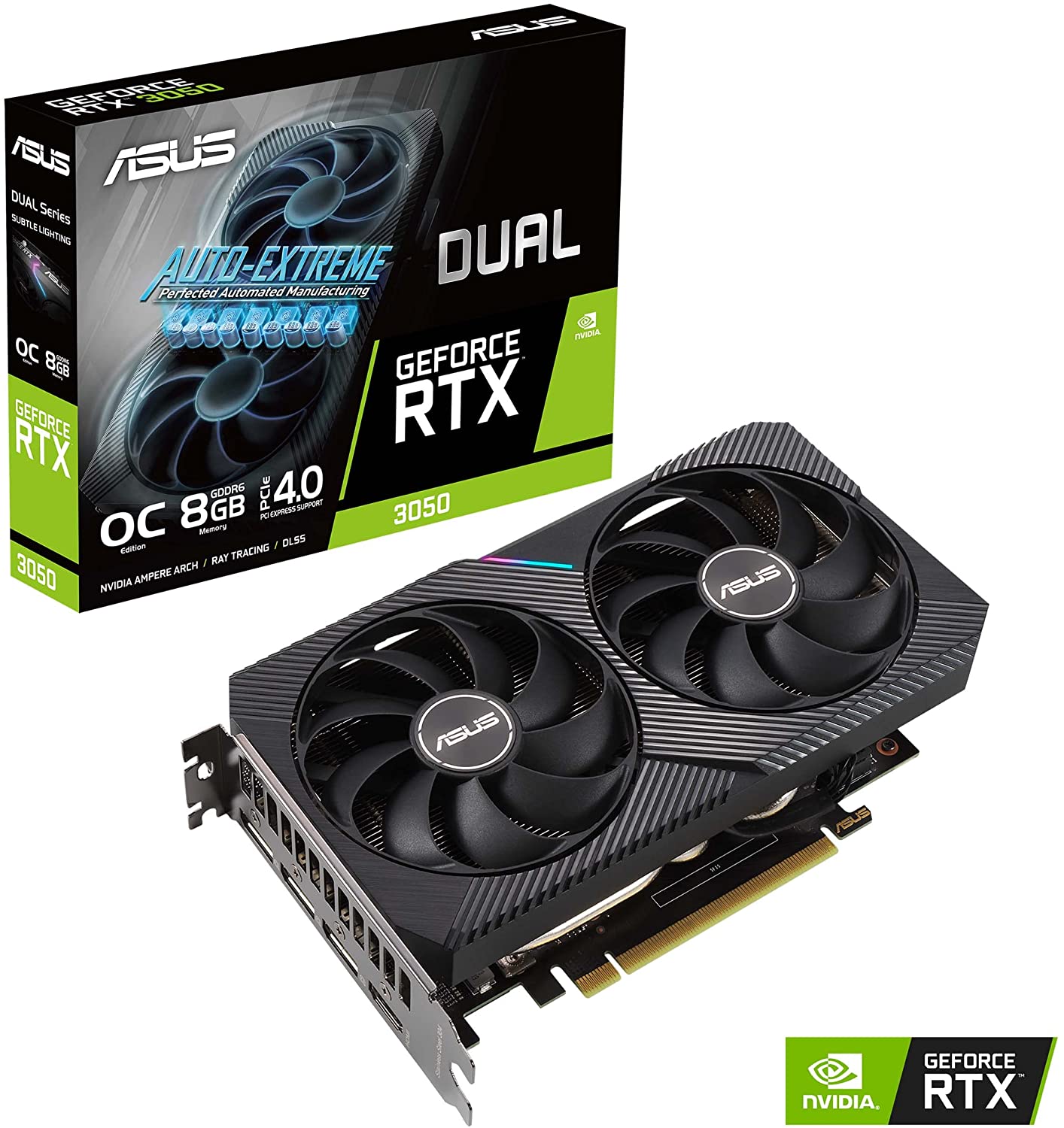 ASUS Dual NVIDIA GeForce RTX 3050 OC Edition Gaming Graphics Card - PCIe 4.0, 8GB GDDR6 Memory, HDMI 2.1, DisplayPort 1.4a, 2-Slot Design, Axial-tech Fan Design, 0dB Technology, Steel Bracket
