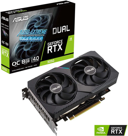 ASUS Dual NVIDIA GeForce RTX 3050 OC Edition Gaming Graphics Card - PCIe 4.0, 8GB GDDR6 Memory, HDMI 2.1, DisplayPort 1.4a, 2-Slot Design, Axial-tech Fan Design, 0dB Technology, Steel Bracket