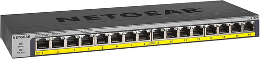 NETGEAR 16-Port Gigabit Ethernet Unmanaged PoE Switch (GS116PP) - with 16 x PoE+ @ 183W, Desktop, Wall Mount or Rackmount, and Limited Lifetime Protection Unmanaged 16 port | 16xPoE+ 183W