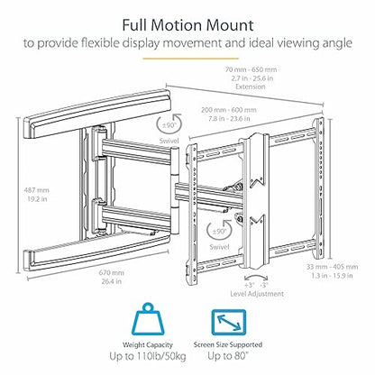 StarTech.com TV Wall Mount for up to 80 inch (110lb) VESA Mount Displays - Low Profile Full Motion Universal TV Wall Mount Bracket - Heavy Duty Adjustable Tilt/Swivel Articulating Arm (FPWARTS1) 37-80 Full-Motion