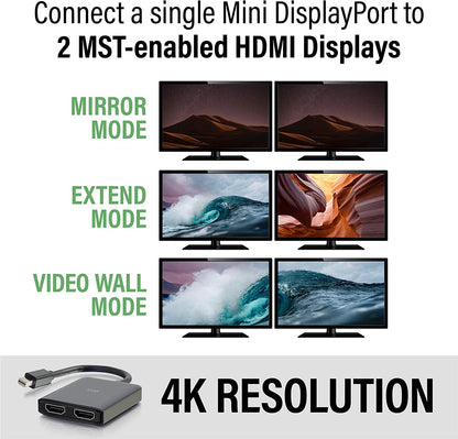 C2g/ cables to go C2G Mini Display Port to HDMI Monitor Splitter, 4K, 2 Port, USB Powered, MST, Not Compatible with Mac OS, Cables to Go 54292, Black Mini DisplayPort Dual HDMI Hub Black