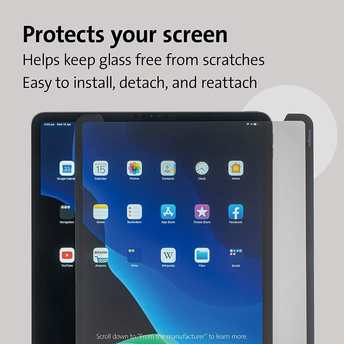 Kensington SA129 Screen Protector Designed for iPad Pro 12.9-Inch 2021/2020/2018 Model Edge to Edge Liquid Retina Display, Anti-Glare, Easy Installation with a Washable &amp; Reusable Adhesive (K50721WW), black iPad Pro 12.9-inch (2021/2020/2018)