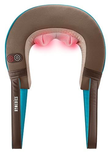 Homedics Shiatsu Neck Massager with Heat Integrated Onand Off Button, Deep-Kneading Massage, Comfort Flex Handles Control Intensity for Sore Muscles, Soft Foam, Easy to Use, Brown