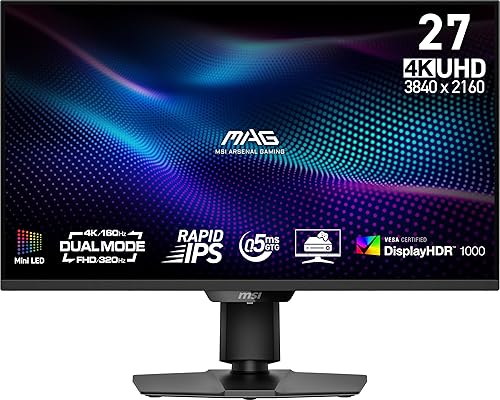 MSI MAG 274UPDF E16M 27-inch 3840 x 2160 (UHD) Gaming Monitor, 160Hz, AMD Adaptive-Sync, HDR Ready, HDMI, VGA Port, VESA Mountable, Tilt, 4-Side Slim Bezel, 0.5ms, Black