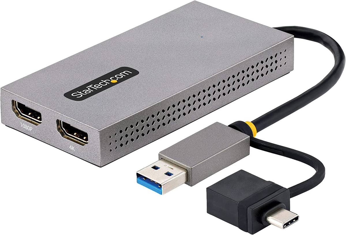 StarTech.com USB to Dual HDMI Adapter, USB A/C to 2x HDMI Displays (1x 4K30Hz, 1x 1080p), Integrated USB-A to C Dongle, 4in/11cm Cable, USB 3.0 to HDMI Display Adapter, Windows &amp; macOS (107B-USB-HDMI) 2x HDMI | USB 3.0 | Mac &amp; Windows OS