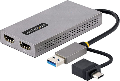 StarTech.com USB to Dual HDMI Adapter, USB A/C to 2x HDMI Displays (1x 4K30Hz, 1x 1080p), Integrated USB-A to C Dongle, 4in/11cm Cable, USB 3.0 to HDMI Display Adapter, Windows &amp; macOS (107B-USB-HDMI) 2x HDMI | USB 3.0 | Mac &amp; Windows OS