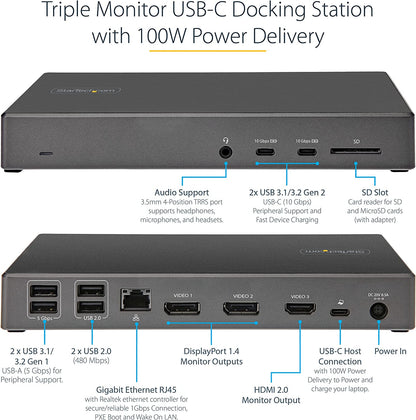 StarTech.com USB C Dock - Triple 4K Monitor USB Type-C Docking Station - 100W Power Delivery - DP 1.4 Alt Mode &amp; DSC, 2x DisplayPort 1.4/HDMI 2.0 - 6xUSB (2x 10Gbps), SD - Windows/Chrome (DK31C2DHSPD)