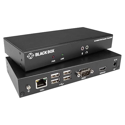 Black Box KVXLCH-100 Video Extender Transmitter/Receiver - 1 Input Device - 1 Output Device - 328 ft Range - 2 x Network (RJ-45) - 5 x USB - 1 x HDMI In - 2 x HDMI Out - 4K UHD - 3840 x 2160 - Twisted Pair - Category 6 - Desktop - TAA Compliant