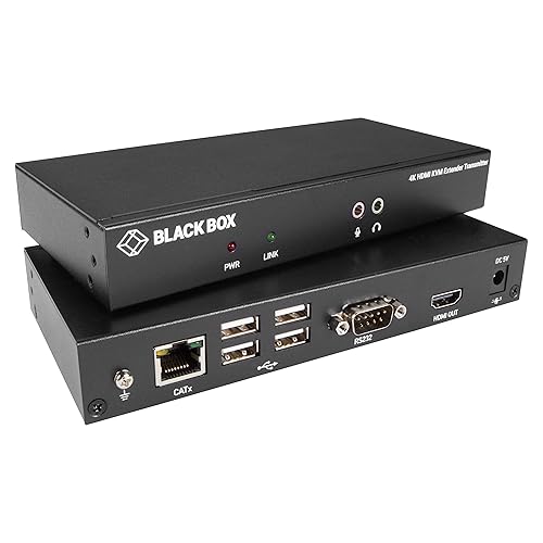 Black Box KVXLCH-100 Video Extender Transmitter/Receiver - 1 Input Device - 1 Output Device - 328 ft Range - 2 x Network (RJ-45) - 5 x USB - 1 x HDMI In - 2 x HDMI Out - 4K UHD - 3840 x 2160 - Twisted Pair - Category 6 - Desktop - TAA Compliant