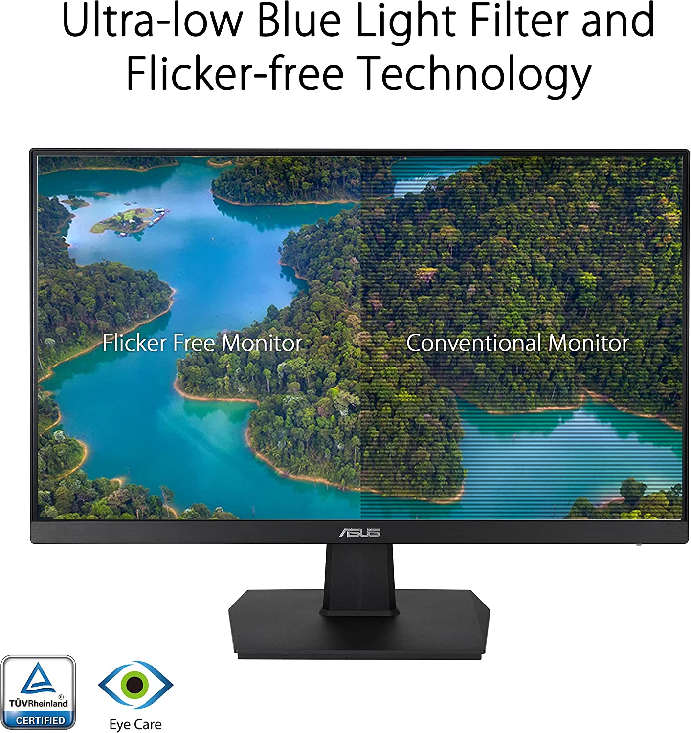 ASUS 23.8” 1080P Monitor (VA247HE) - Full HD, 75Hz, Adaptive-Sync/FreeSync™, Low Blue Light, Flicker Free, Eye Care Plus, VESA Mountable, Frameless, HDMI, DVI, VGA, Tilt Adjustable 23.8" FHD 75hz Frameless Monitor