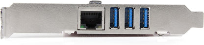StarTech.com 3 Port PCI Express USB 3.0 Card + Gigabit Ethernet - Fits Standard &amp; Low-Profile PCs - UASP Supported - Optional SATA Power (PEXUSB3S3GE) 3 Ext | 1 LAN PCI Express Single