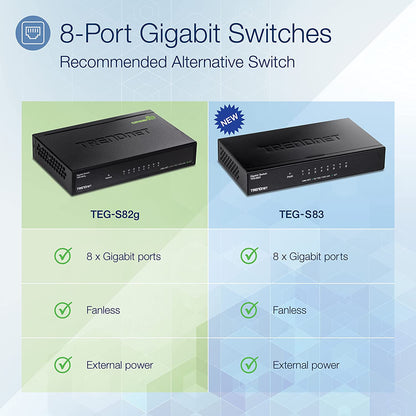 TRENDnet 8-Port Gigabit GREENnet Switch, Ethernet Network Switch, 8 x 10-100-1000 Mbps Gigabit Ethernet Ports, 16 Gbps Switching Capacity, Metal, Lifetime Protection, Black, TEG-S82G 8-Port Unmanaged