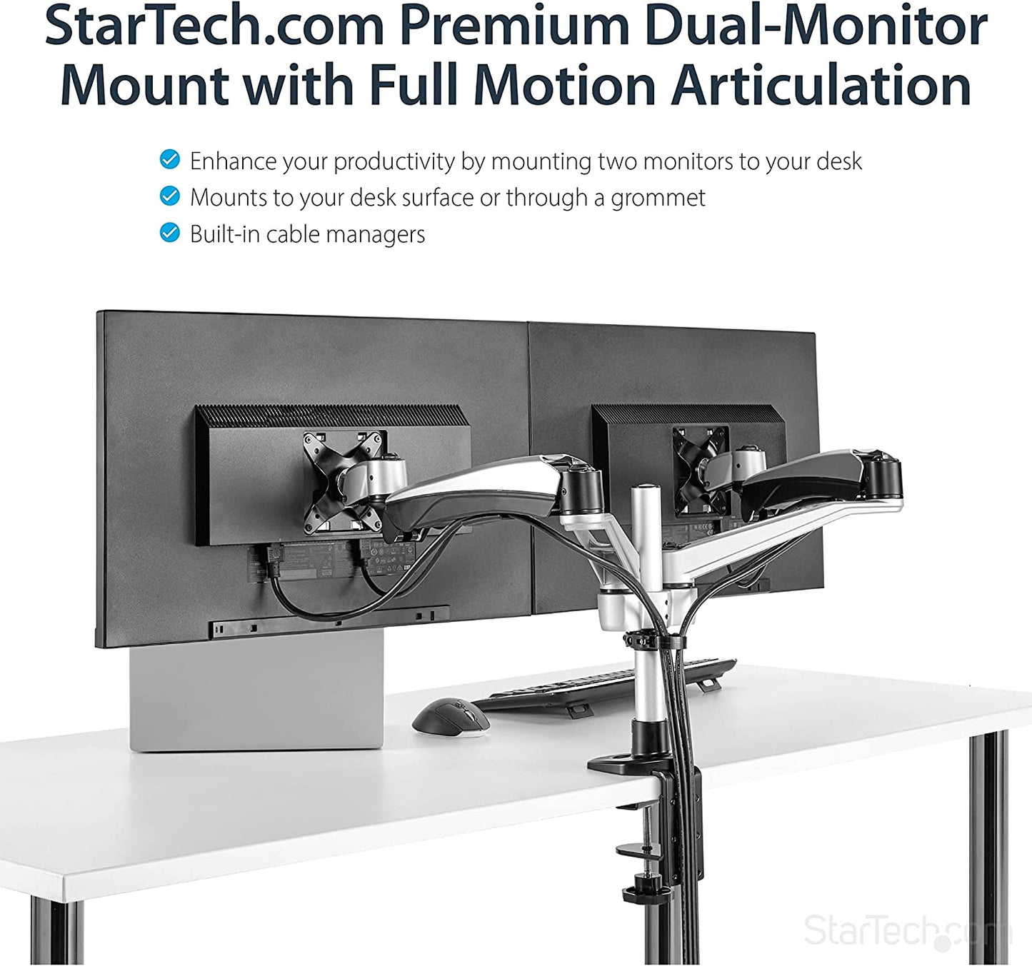 StarTech.com Desk Mount Dual Monitor Arm - Articulating - Supports VESA Monitors 12'' to 30'' - Adjustable - Grommet/Desk Mount - Premium - Silver (ARMDUAL30)