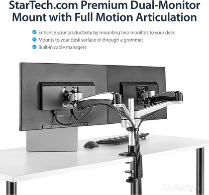 StarTech.com Desk Mount Dual Monitor Arm - Articulating - Supports VESA Monitors 12'' to 30'' - Adjustable - Grommet/Desk Mount - Premium - Silver (ARMDUAL30)