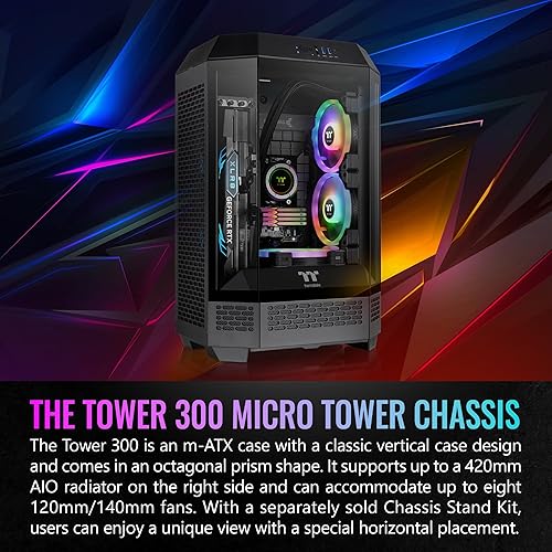 Thermaltake Tower 300 Black Micro-ATX Case; 2x140mm CT Fan Included; Support Up to 420mm Radiator; Optional Chassis Stand Kit Allows Horizontal Display; CA-1Y4-00S1WN-00; 3 Year Warranty Tower 300 Case Black