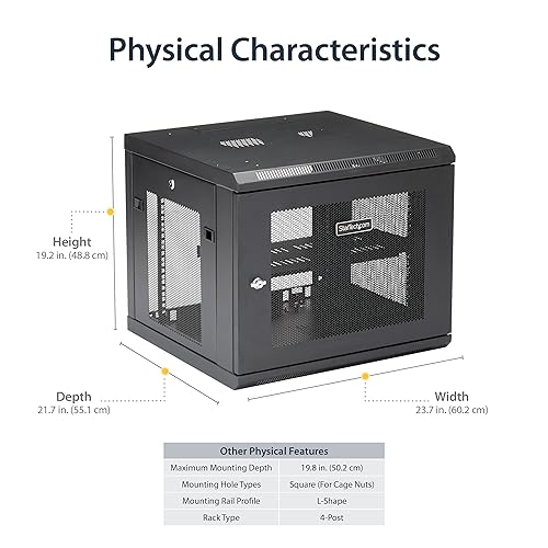 StarTech.com 4-Post 9U Wall Mount Network Cabinet w/ 1U Shelf, 19 Wall-Mounted Server Rack for IT / Data Computer Equipment Depth (2 to 19) Cabinet