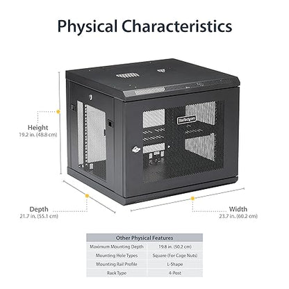 StarTech.com 4-Post 9U Wall Mount Network Cabinet w/ 1U Shelf, 19 Wall-Mounted Server Rack for IT / Data Computer Equipment Depth (2 to 19) Cabinet