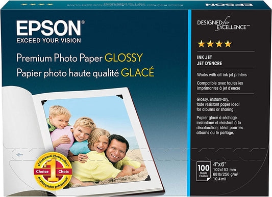 Epson S041727 Premium Photo Paper, 68 lbs., High-Gloss, 4 x 6 (Pack of 100 Sheets),White 4x6 Inches 100 Sheets Single