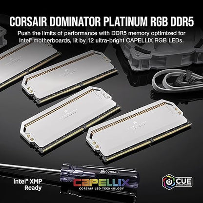 CORSAIR DOMINATOR PLATINUM RGB DDR5 RAM 32GB (2x16GB) 6200MHz CL36 Intel XMP iCUE Compatible Computer Memory - White (CMT32GX5M2X6200C36W)
