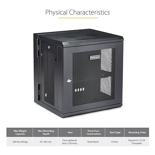 StarTech.com 4-Post 12U Wall Mount Network Cabinet w/ 1U Shelf, 19 Wall-Mounted Server Rack for IT / Data Computer Equipment 25.10/637.54mmx23.60/599.44mmx21.70/551.18mm Cabinet